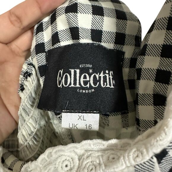Collectif Womens Sz XL A-Line Gingham Dress Black White Cottage Core Retro Plaid - Picture 5 of 6
